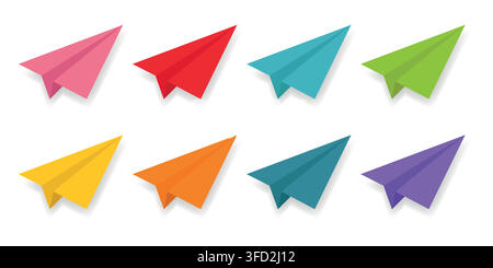 Colorful Paper Airplane Set. Bright Origami Plane Icons in Pink, Red, Blue, Green, Yellow, Orange and Purple. Vector Design for Travel, Message, Send Stock Vector
