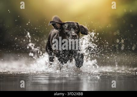 Black Labrador Retriever female runs through water Stock Photo