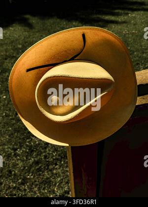 View a cowboy cowgirl straw hat from crown, brim, hatband, head shape, shadows and all. The form is round oval textured natural fabric shade cover. Stock Photo