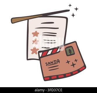 Christmas wish list and magic wand. Hand drawn Letter to Santa with envelope. Vector illustration Stock Vector
