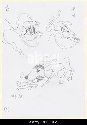 A 2011 drawing of three cartoonish animals, one holding a bone, arranged in a triangular formation on a page numbered 28. Stock Photo