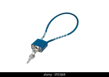 Blue cable gun lock with keys isolated on white. Stock Photo