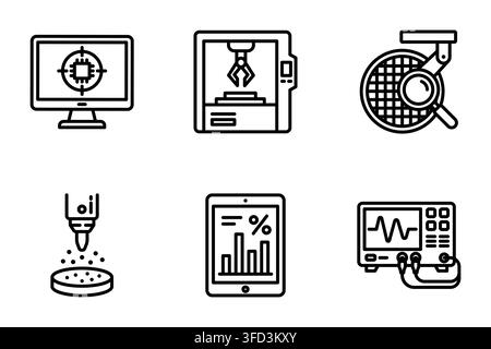 Semiconductor manufacturing tech hardware process line icon set vector illustration Stock Vector