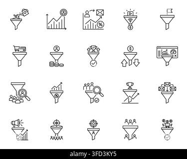 Sales funnel marketing strategy line icon set vector illustration Stock Vector
