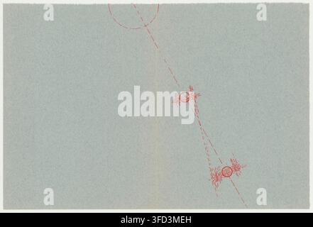 A 1974 line drawing with red markings on a light blue background, featuring a central vertical line intersected by diagonal lines and small circular shapes. Stock Photo