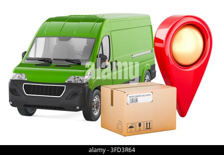 Delivery van with cardboard parcel and map pin, concept of courier shipping, parcel tracking and local delivery, 3d rendering isolated on white backgr Stock Photo