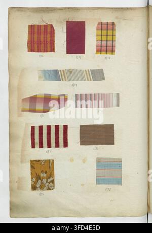 A collection of 18th-century fabric swatches, labeled and arranged in rows, from 1736. Stock Photo