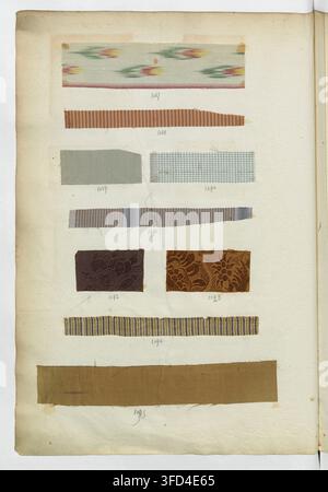 A collection of fabric swatches arranged in rows on a page, exemplifying 18th-century textiles and fabrics, dated 1735. Stock Photo