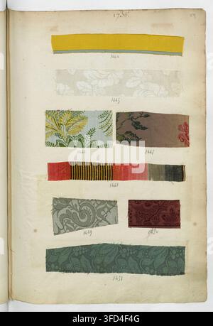 A page from an 18th-century manuscript, dated 1736, featuring a collection of fabric swatches arranged in rows and columns, each labeled with a number. Stock Photo