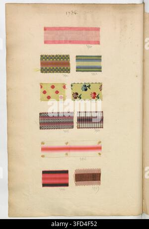 A page from an 18th-century manuscript, dated 1736, featuring a collection of fabric swatches arranged in rows and columns. Stock Photo