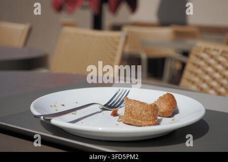 Empty plate with crumbs and fork after snack Stock Photo