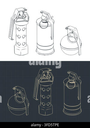 Various military hand grenades isometric blueprints, stylized vector illustrations Stock Vector