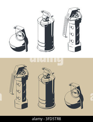 Various military hand grenades stylized isometric vector illustration Stock Vector