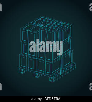 Cargo boxes on wooden pallet isometric blueprint, stylized vector illustration Stock Vector