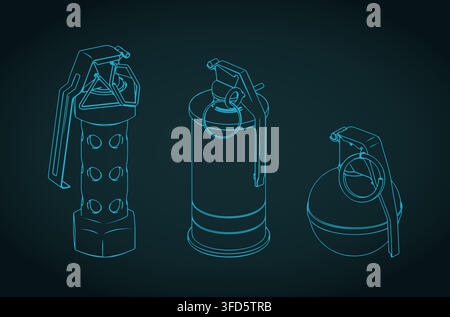 Various military hand grenades isometric blueprints, stylized vector illustration Stock Vector