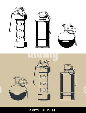 Various military hand grenades stylized vector illustration Stock Vector