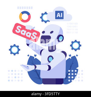 AI Robot Consuming a SaaS Icon Representing Artificial Intelligence Disrupting Software as a Service Industry Stock Vector