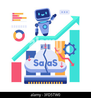 Ai Robot Riding Rising Arrow with Broken SaaS Cloud Business. AI Disrupting SaaS Concept Stock Vector
