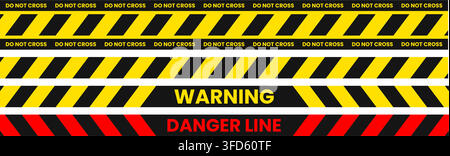 Seamless yellow and black caution tape ribbons and red danger line banners with do not cross and warning text Stock Vector
