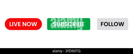 Vector collection of social media and video streaming interface buttons including live now, subscribe, and follow Stock Vector