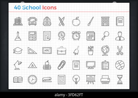 School icons - set of 40 hand drawn school or education objects on paper sheet, vector eps10 illustration Stock Vector