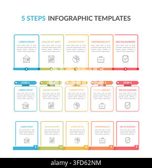Three infographic templates with five steps, process charts, workflow, vector eps10 illustration Stock Vector