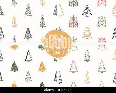 Four seamless patterns with handdrawn Christmas trees, vector eps10 illustration Stock Vector