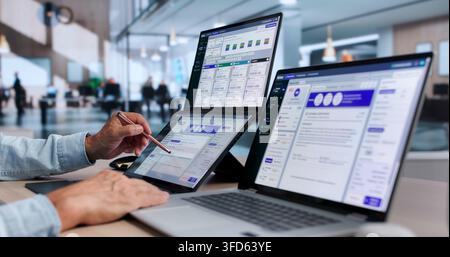 Notary Public Verifies And Digitally Signs Legal Documents Securely Online. Stock Photo
