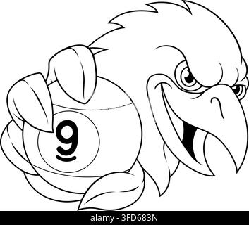 A bird eagle, falcon, hawk raven or crow nine ball pool billiards sports team mascot holding a 9 ball. Stock Vector