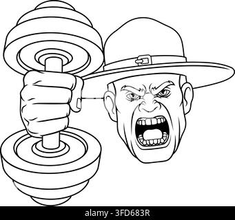 An angry drill instructor or sergeant bootcamp army soldier personal trainer cartoon character holding weight lifting dumbbell sports team gym mascot Stock Vector