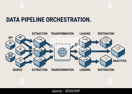 Data pipeline orchestration ETL process isometric data engineering infographic vector Stock Vector