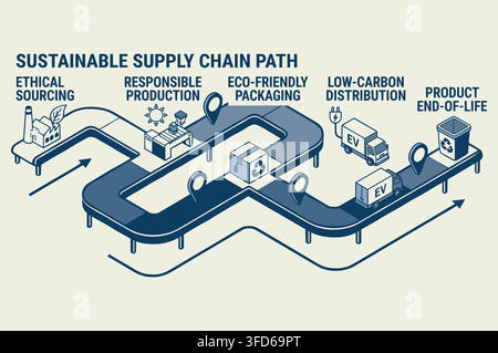 Sustainable supply chain path isometric conveyor belt ESG logistics infographic vector Stock Vector