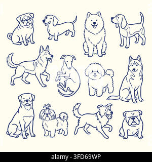 Dog breeds line art doodle set with puppy portraits and cute pets vector Stock Vector