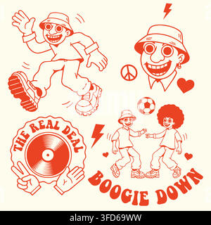 Retro 90s street rave culture dancing characters and boogie down doodle set vector Stock Vector