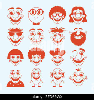 Funny smiling faces retro clown and quirky character avatars doodle set vector Stock Vector
