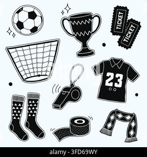 Black and white football soccer equipment and match day sticker set vector Stock Vector