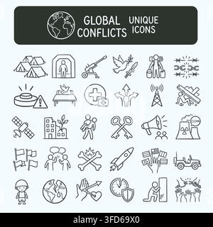 Global conflicts war and humanitarian refugee crisis line icon set vector Stock Vector