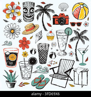 Tropical summer beach vacation and cocktail party doodle set vector Stock Vector