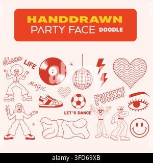 Retro disco party line art doodle set with 70s dancers and groovy elements vector Stock Vector