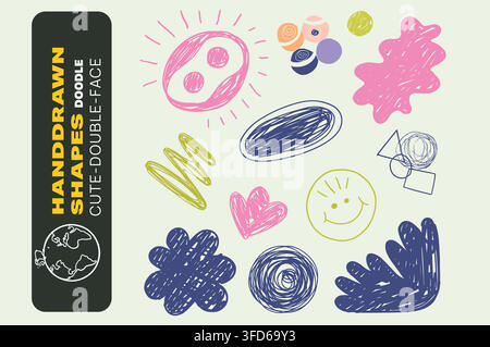 Pastel hand drawn abstract scribble shapes and cute smiley face doodle set vector Stock Vector
