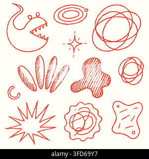 Hand drawn abstract doodle shapes quirky monster and scribbles set vector Stock Vector