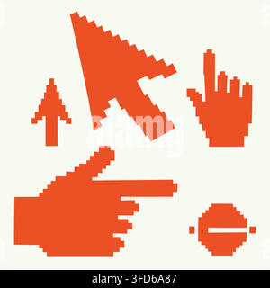Retro 8-bit pixel art computer cursor mouse pointer and hand icons vector Stock Vector