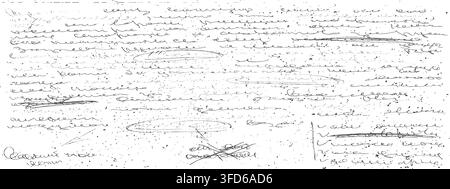 Illegible manuscript with looping cursive scribbles and edit marks. Grunge script paper overlay Stock Vector