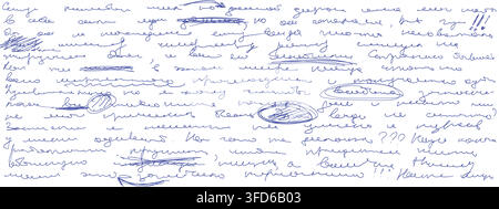 Blue ink manuscript with circled words. Grunge bg with handwritten unreadable text. Antique script overlay template Stock Vector