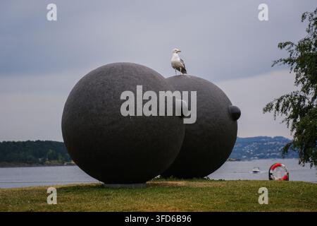 Oslo, Norway - July 11, 2026: Seagull Perched on Louise Bourgeois Eyes Sculpture at Ekebergparken in Oslo. Stock Photo