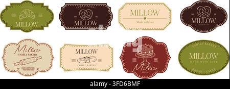 Colorful bakery label set. Hand drawn pretzel, cake and rolling pin sketches. Dotted borders Stock Vector