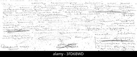 Illegible manuscript with looping cursive scribbles and edit marks. Grunge script paper overlay Stock Vector
