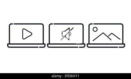 Digital entertainment and multimedia laptop computers vector icons set. Black line art style on white background. Stock Vector