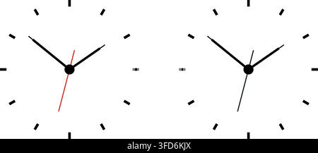 Minimal Analog Clock Icon Set with Black Hour and Minute Hands and Red or Black Second Hand. Simple Time Symbols with Hour Marks Isolated for App Stock Vector