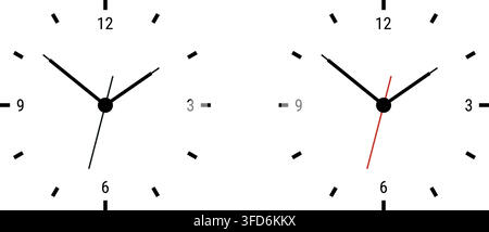 Minimal Analog Clock Icon Set with Numbers, Hour Marks and Black Hands. Two Simple Time Symbols with Black and Red Second Hands Isolated on White Back Stock Vector